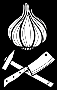 Logo des Knoblauchfahne-Kollektivs; ein gekreuztes Hackebeil und ein Hammer unter einer Knoblauchknolle